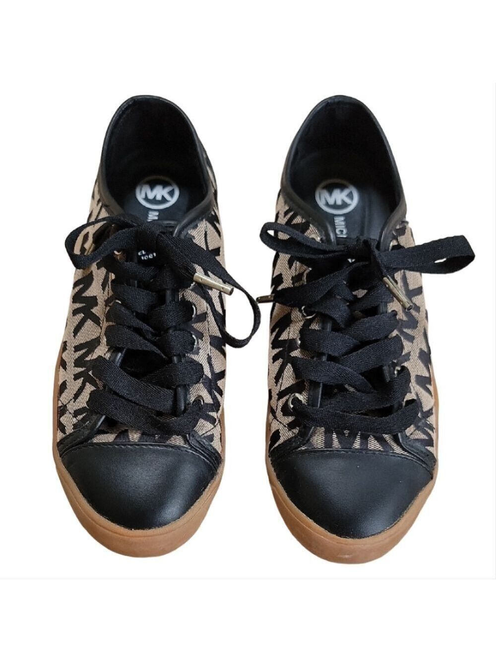 Michael Kors Black Tan MK Monogram Signature Logo City Sneakers Size 9 EUC
